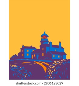 Caldey Island Lighthouse illustration featuring a historic coastal beacon on a scenic island shoreline, detailed vector artwork with maritime charm