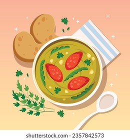 Comida de Caldo Verde. Ilustración de Caldo Verde. Ilustración vectorial. Sopa de estilo portugués llamada Caldo Verde. Sopa portuguesa con salchicha en tazón de cerámica. Cocina portuguesa.