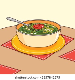 Comida de Caldo Verde. Ilustración de Caldo Verde. Ilustración vectorial. Sopa de estilo portugués llamada Caldo Verde. Sopa portuguesa con salchicha en tazón de cerámica. Cocina portuguesa.