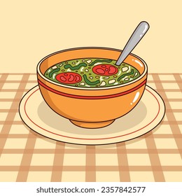 Comida de Caldo Verde. Ilustración de Caldo Verde. Ilustración vectorial. Sopa de estilo portugués llamada Caldo Verde. Sopa portuguesa con salchicha en tazón de cerámica. Cocina portuguesa.