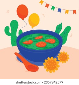 Comida de Caldo Verde. Ilustración de Caldo Verde. Ilustración vectorial. Sopa de estilo portugués llamada Caldo Verde. Sopa portuguesa con salchicha en tazón de cerámica. Cocina portuguesa.