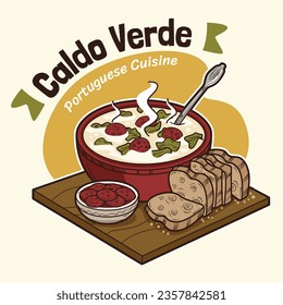 Comida de Caldo Verde. Ilustración de Caldo Verde. Ilustración vectorial. Sopa de estilo portugués llamada Caldo Verde. Sopa portuguesa con salchicha en tazón de cerámica. Cocina portuguesa.