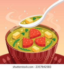 Comida de Caldo Verde. Ilustración de Caldo Verde. Ilustración vectorial. Sopa de estilo portugués llamada Caldo Verde. Sopa portuguesa con salchicha en tazón de cerámica. Cocina portuguesa.