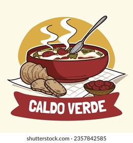 Comida de Caldo Verde. Ilustración de Caldo Verde. Ilustración vectorial. Sopa de estilo portugués llamada Caldo Verde. Sopa portuguesa con salchicha en tazón de cerámica. Cocina portuguesa.