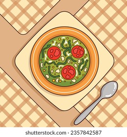 Comida de Caldo Verde. Ilustración de Caldo Verde. Ilustración vectorial. Sopa de estilo portugués llamada Caldo Verde. Sopa portuguesa con salchicha en tazón de cerámica. Cocina portuguesa.