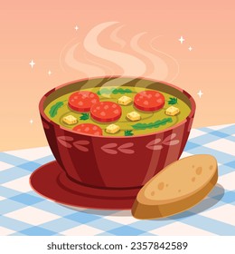 Caldo Verde food. Caldo Verde Illustration. Vector Illustration. Portuguese style soup called Caldo Verde. Portuguese soup with sausage in ceramic bowl. Portuguese cuisine.