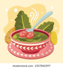 Caldo Verde food. Caldo Verde Illustration. Vector Illustration. Portuguese style soup called Caldo Verde. Portuguese soup with sausage in ceramic bowl. Portuguese cuisine.