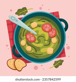 Caldo Verde food. Caldo Verde Illustration. Vector Illustration. Portuguese style soup called Caldo Verde. Portuguese soup with sausage in ceramic bowl. Portuguese cuisine.