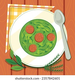 Caldo Verde food. Caldo Verde Illustration. Vector Illustration. Portuguese style soup called Caldo Verde. Portuguese soup with sausage in ceramic bowl. Portuguese cuisine.