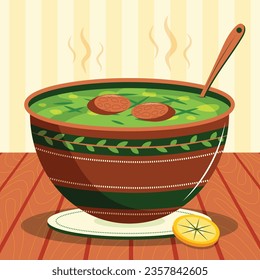 Comida de Caldo Verde. Ilustración de Caldo Verde. Ilustración vectorial. Sopa de estilo portugués llamada Caldo Verde. Sopa portuguesa con salchicha en tazón de cerámica. Cocina portuguesa.