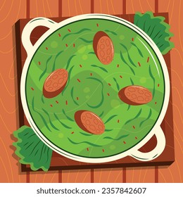 Comida de Caldo Verde. Ilustración de Caldo Verde. Ilustración vectorial. Sopa de estilo portugués llamada Caldo Verde. Sopa portuguesa con salchicha en tazón de cerámica. Cocina portuguesa.