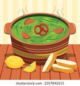 Comida de Caldo Verde. Ilustración de Caldo Verde. Ilustración vectorial. Sopa de estilo portugués llamada Caldo Verde. Sopa portuguesa con salchicha en tazón de cerámica. Cocina portuguesa.