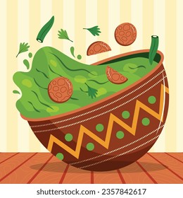 Comida de Caldo Verde. Ilustración de Caldo Verde. Ilustración vectorial. Sopa de estilo portugués llamada Caldo Verde. Sopa portuguesa con salchicha en tazón de cerámica. Cocina portuguesa.