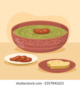 Comida de Caldo Verde. Ilustración de Caldo Verde. Ilustración vectorial. Sopa de estilo portugués llamada Caldo Verde. Sopa portuguesa con salchicha en tazón de cerámica. Cocina portuguesa.