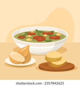 Comida de Caldo Verde. Ilustración de Caldo Verde. Ilustración vectorial. Sopa de estilo portugués llamada Caldo Verde. Sopa portuguesa con salchicha en tazón de cerámica. Cocina portuguesa.