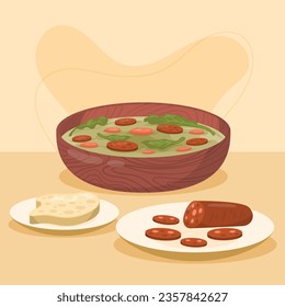 Comida de Caldo Verde. Ilustración de Caldo Verde. Ilustración vectorial. Sopa de estilo portugués llamada Caldo Verde. Sopa portuguesa con salchicha en tazón de cerámica. Cocina portuguesa.