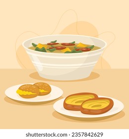 Comida de Caldo Verde. Ilustración de Caldo Verde. Ilustración vectorial. Sopa de estilo portugués llamada Caldo Verde. Sopa portuguesa con salchicha en tazón de cerámica. Cocina portuguesa.