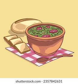 Comida de Caldo Verde. Ilustración de Caldo Verde. Ilustración vectorial. Sopa de estilo portugués llamada Caldo Verde. Sopa portuguesa con salchicha en tazón de cerámica. Cocina portuguesa.