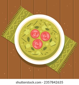 Comida de Caldo Verde. Ilustración de Caldo Verde. Ilustración vectorial. Sopa de estilo portugués llamada Caldo Verde. Sopa portuguesa con salchicha en tazón de cerámica. Cocina portuguesa.