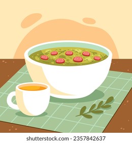 Comida de Caldo Verde. Ilustración de Caldo Verde. Ilustración vectorial. Sopa de estilo portugués llamada Caldo Verde. Sopa portuguesa con salchicha en tazón de cerámica. Cocina portuguesa.