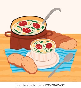 Comida de Caldo Verde. Ilustración de Caldo Verde. Ilustración vectorial. Sopa de estilo portugués llamada Caldo Verde. Sopa portuguesa con salchicha en tazón de cerámica. Cocina portuguesa.