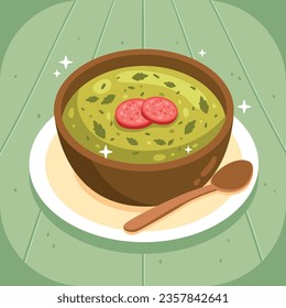 Comida de Caldo Verde. Ilustración de Caldo Verde. Ilustración vectorial. Sopa de estilo portugués llamada Caldo Verde. Sopa portuguesa con salchicha en tazón de cerámica. Cocina portuguesa.