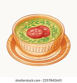 Comida de Caldo Verde. Ilustración de Caldo Verde. Ilustración vectorial. Sopa de estilo portugués llamada Caldo Verde. Sopa portuguesa con salchicha en tazón de cerámica. Cocina portuguesa.