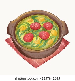 Comida de Caldo Verde. Ilustración de Caldo Verde. Ilustración vectorial. Sopa de estilo portugués llamada Caldo Verde. Sopa portuguesa con salchicha en tazón de cerámica. Cocina portuguesa.