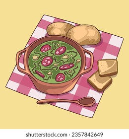 Comida de Caldo Verde. Ilustración de Caldo Verde. Ilustración vectorial. Sopa de estilo portugués llamada Caldo Verde. Sopa portuguesa con salchicha en tazón de cerámica. Cocina portuguesa.