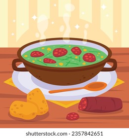 Comida de Caldo Verde. Ilustración de Caldo Verde. Ilustración vectorial. Sopa de estilo portugués llamada Caldo Verde. Sopa portuguesa con salchicha en tazón de cerámica. Cocina portuguesa.