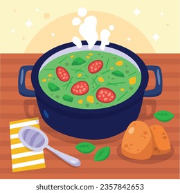 Comida de Caldo Verde. Ilustración de Caldo Verde. Ilustración vectorial. Sopa de estilo portugués llamada Caldo Verde. Sopa portuguesa con salchicha en tazón de cerámica. Cocina portuguesa.