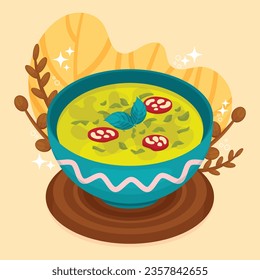 Comida de Caldo Verde. Ilustración de Caldo Verde. Ilustración vectorial. Sopa de estilo portugués llamada Caldo Verde. Sopa portuguesa con salchicha en tazón de cerámica. Cocina portuguesa.