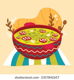 Comida de Caldo Verde. Ilustración de Caldo Verde. Ilustración vectorial. Sopa de estilo portugués llamada Caldo Verde. Sopa portuguesa con salchicha en tazón de cerámica. Cocina portuguesa.