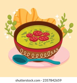 Comida de Caldo Verde. Ilustración de Caldo Verde. Ilustración vectorial. Sopa de estilo portugués llamada Caldo Verde. Sopa portuguesa con salchicha en tazón de cerámica. Cocina portuguesa.