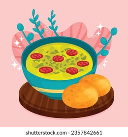 Comida de Caldo Verde. Ilustración de Caldo Verde. Ilustración vectorial. Sopa de estilo portugués llamada Caldo Verde. Sopa portuguesa con salchicha en tazón de cerámica. Cocina portuguesa.