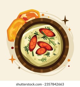 Comida de Caldo Verde. Ilustración de Caldo Verde. Ilustración vectorial. Sopa de estilo portugués llamada Caldo Verde. Sopa portuguesa con salchicha en tazón de cerámica. Cocina portuguesa.