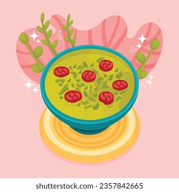 Comida de Caldo Verde. Ilustración de Caldo Verde. Ilustración vectorial. Sopa de estilo portugués llamada Caldo Verde. Sopa portuguesa con salchicha en tazón de cerámica. Cocina portuguesa.