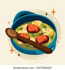 Caldo Verde food. Caldo Verde Illustration. Vector Illustration. Portuguese style soup called Caldo Verde. Portuguese soup with sausage in ceramic bowl. Portuguese cuisine.