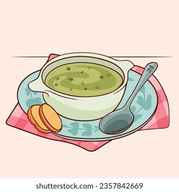 Comida de Caldo Verde. Ilustración de Caldo Verde. Ilustración vectorial. Sopa de estilo portugués llamada Caldo Verde. Sopa portuguesa con salchicha en tazón de cerámica. Cocina portuguesa.