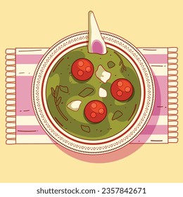 Comida de Caldo Verde. Ilustración de Caldo Verde. Ilustración vectorial. Sopa de estilo portugués llamada Caldo Verde. Sopa portuguesa con salchicha en tazón de cerámica. Cocina portuguesa.