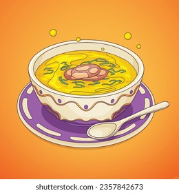 Comida de Caldo Verde. Ilustración de Caldo Verde. Ilustración vectorial. Sopa de estilo portugués llamada Caldo Verde. Sopa portuguesa con salchicha en tazón de cerámica. Cocina portuguesa.