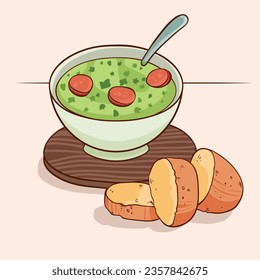 Comida de Caldo Verde. Ilustración de Caldo Verde. Ilustración vectorial. Sopa de estilo portugués llamada Caldo Verde. Sopa portuguesa con salchicha en tazón de cerámica. Cocina portuguesa.