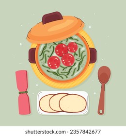 Comida de Caldo Verde. Ilustración de Caldo Verde. Ilustración vectorial. Sopa de estilo portugués llamada Caldo Verde. Sopa portuguesa con salchicha en tazón de cerámica. Cocina portuguesa.