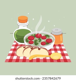 Comida de Caldo Verde. Ilustración de Caldo Verde. Ilustración vectorial. Sopa de estilo portugués llamada Caldo Verde. Sopa portuguesa con salchicha en tazón de cerámica. Cocina portuguesa.