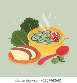 Comida de Caldo Verde. Ilustración de Caldo Verde. Ilustración vectorial. Sopa de estilo portugués llamada Caldo Verde. Sopa portuguesa con salchicha en tazón de cerámica. Cocina portuguesa.