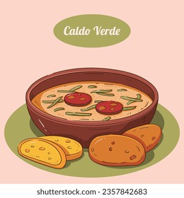 Comida de Caldo Verde. Ilustración de Caldo Verde. Ilustración vectorial. Sopa de estilo portugués llamada Caldo Verde. Sopa portuguesa con salchicha en tazón de cerámica. Cocina portuguesa.