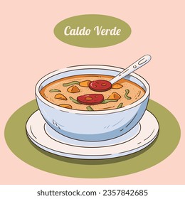 Caldo Verde food. Caldo Verde Illustration. Vector Illustration. Portuguese style soup called Caldo Verde. Portuguese soup with sausage in ceramic bowl. Portuguese cuisine.