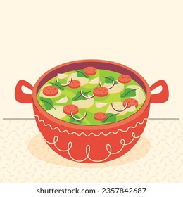 Caldo Verde food. Caldo Verde Illustration. Vector Illustration. Portuguese style soup called Caldo Verde. Portuguese soup with sausage in ceramic bowl. Portuguese cuisine.