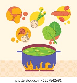 Caldo Verde food. Caldo Verde Illustration. Vector Illustration. Portuguese style soup called Caldo Verde. Portuguese soup with sausage in ceramic bowl. Portuguese cuisine.