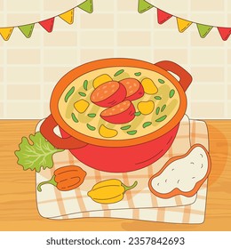 Comida de Caldo Verde. Ilustración de Caldo Verde. Ilustración vectorial. Sopa de estilo portugués llamada Caldo Verde. Sopa portuguesa con salchicha en tazón de cerámica. Cocina portuguesa.